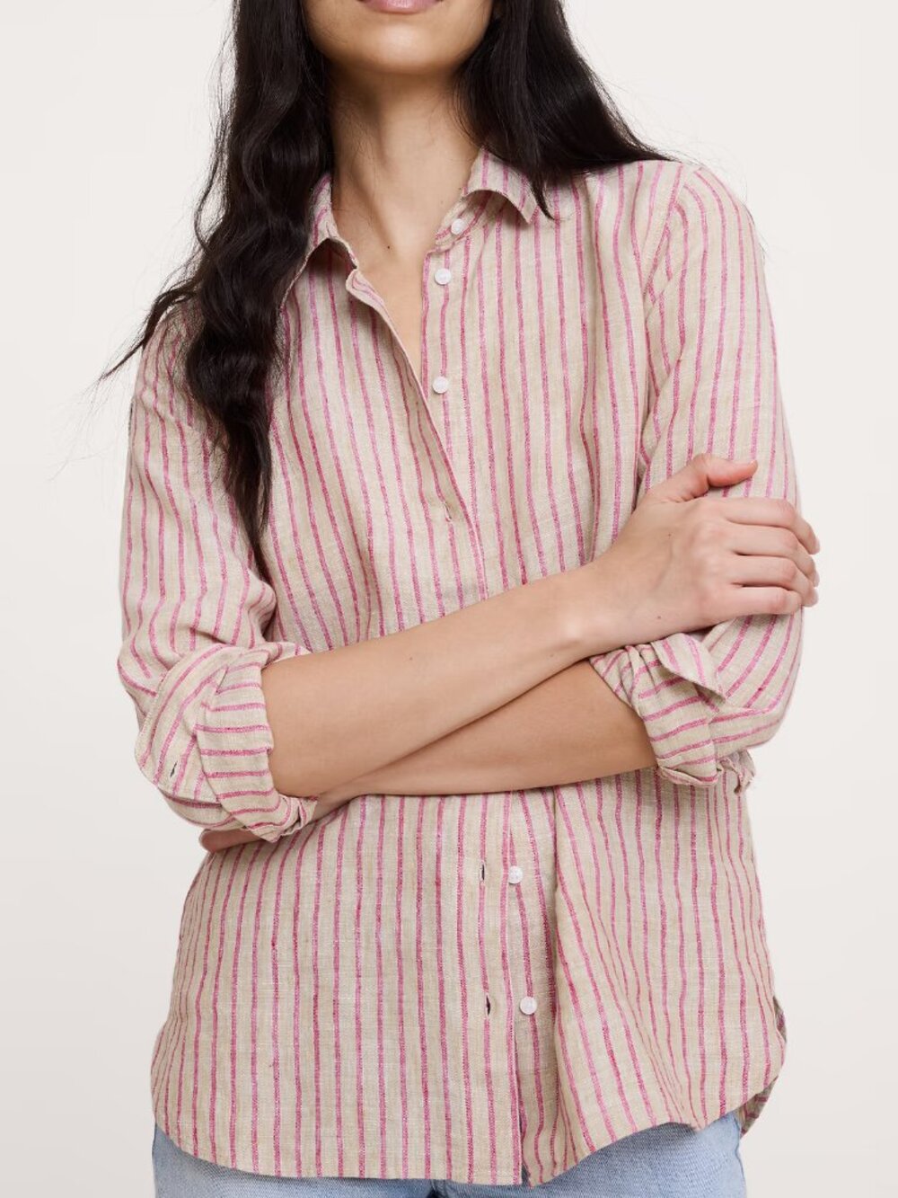 NWT Banana Republic Pink & Tan Stripe The Everyday 100% Euro Linen Shirt S
